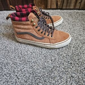 Vans Sk8-Hi Mte Sneakers Shoe Mens 6.5 Brown Suede Red Plaid High Top Scotchgard
